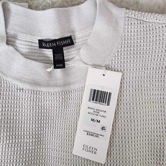 NWT Eileen Fisher Silk Organic Cotton Ribbed Mockneck Tunic Sweater - Bone - M - Picture 6 of 13